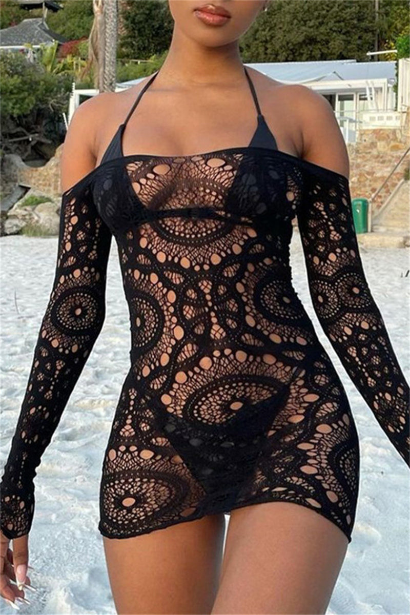 Fashion Sexy Solid Hollowed Out See-through Off the Shoulder Long Sleeve Dresses
