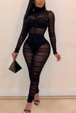 Fashion Sexy Adult Solid See-through Fold O Neck Skinny Jumpsuits