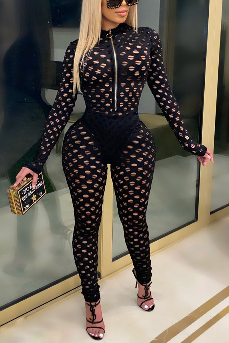 Sexy Solid See-through Mesh Zipper Collar Skinny Jumpsuits
