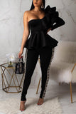 One Shoulder Collar Long Sleeve Solid Patchwork ruffle