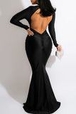 Fashion Sexy Solid Backless V Neck Long Sleeves Evening Dress