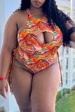 Fashion Sexy Print Hollowed Out Backless O Neck Plus Size Swimwear (With Paddings)