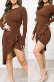 Casual Solid Split Joint Asymmetrical Stringy Selvedge O Neck Irregular Dress Dresses