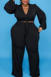 Casual Solid Bandage Split Joint V Neck Plus Size Two Pieces