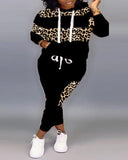 Plus Size Leopard Print Long Sleeve Hoodie & Pants Set