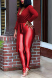 Casual Solid Bandage Split Joint V Neck Long Sleeve Two Pieces