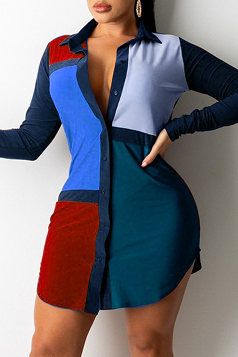 Casual Color Block Split Joint Turndown Collar Shirt Dress Dresses