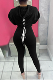 Casual Solid Draw String Hooded Collar Long Sleeve Two Pieces