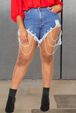 Fashion Casual Solid Ripped Patchwork Chains High Waist Regular Denim Shorts