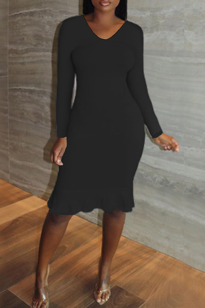 Casual Solid Split Joint Flounce O Neck Long Sleeve Dresses