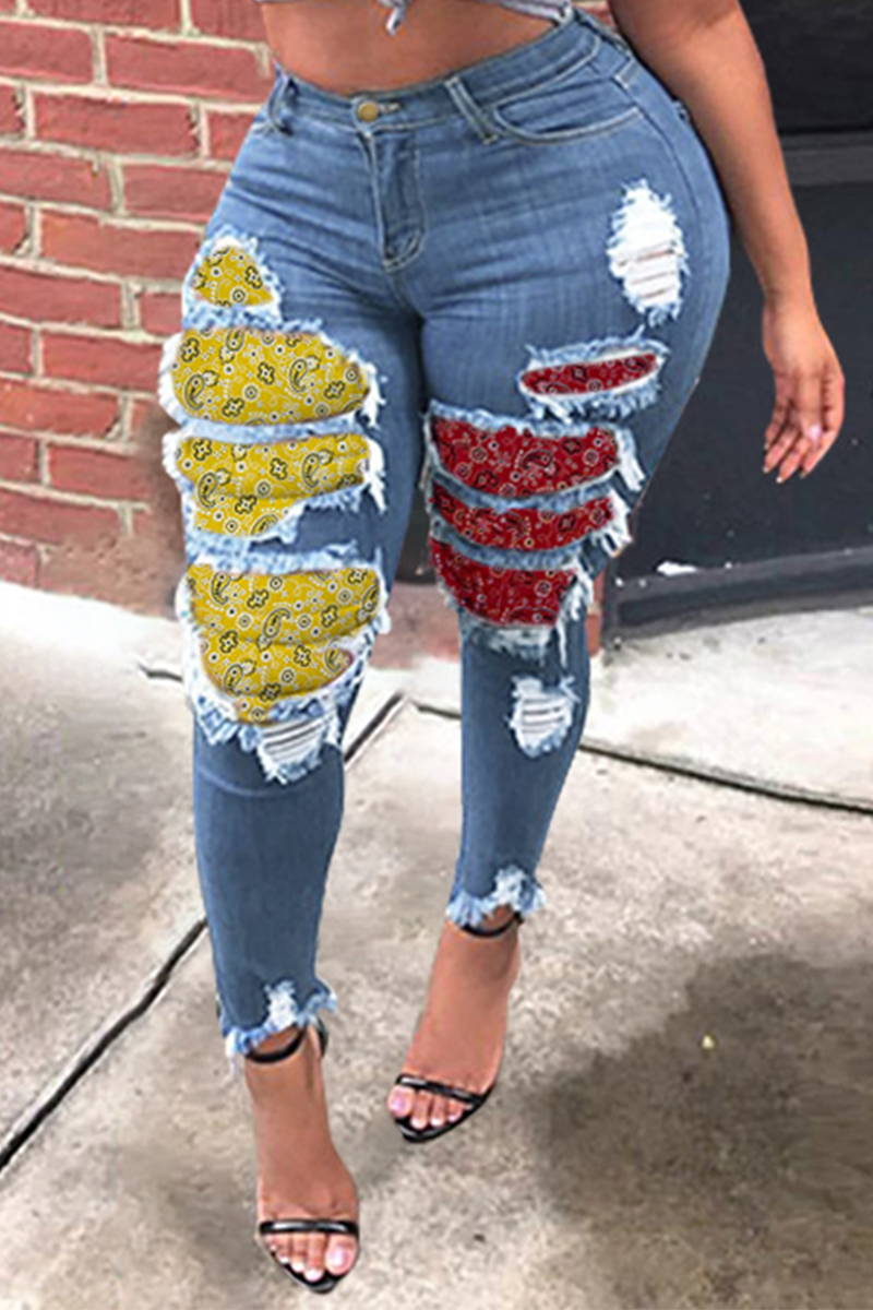 Sexy Print Ripped Mid Waist Skinny Denim Jeans