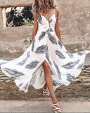 Leaf Print Knotted Front Cutout Button Maxi Dress