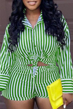 Casual Striped Split Joint Turndown Collar Long Sleeve Two Pieces