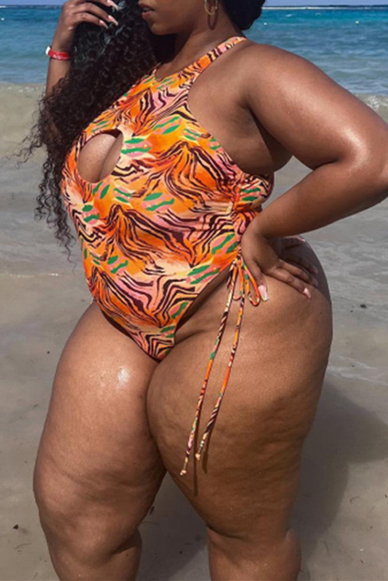 Fashion Sexy Print Hollowed Out Backless O Neck Plus Size Swimwear (With Paddings)