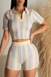 Casual Striped Backless Shirt Collar Short Sleeve Two Pieces