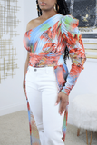 Casual Floral Patchwork Fold Oblique Collar Tops(Without Bottoms )