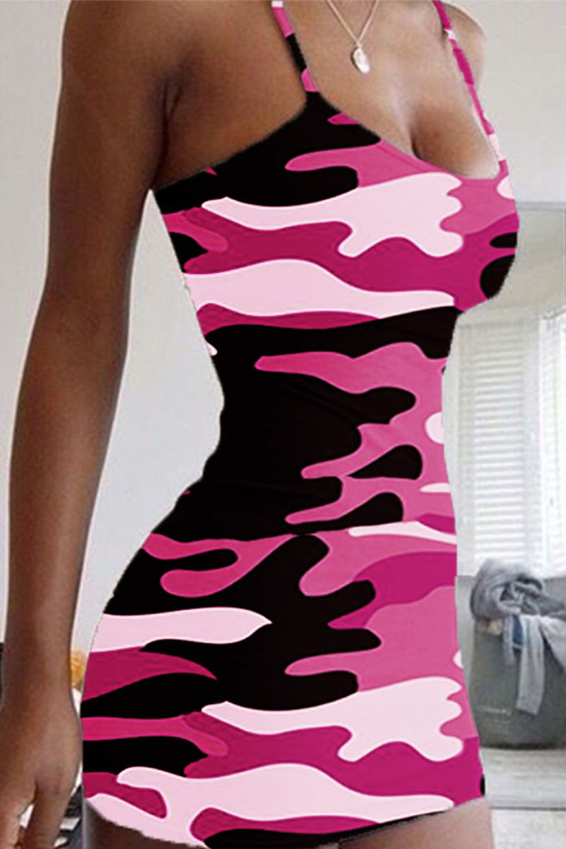 Sexy Camouflage Print Split Joint Spaghetti Strap Pencil Skirt Dresses