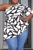Casual Print Bandage Hollowed Out Patchwork Asymmetrical Oblique Collar Plus Size Tops
