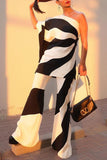 Casual Elegant Striped Print Contrast One Shoulder Long Sleeve Two Pieces
