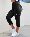 Pocket Design High Waist Capris Sports Leggings
