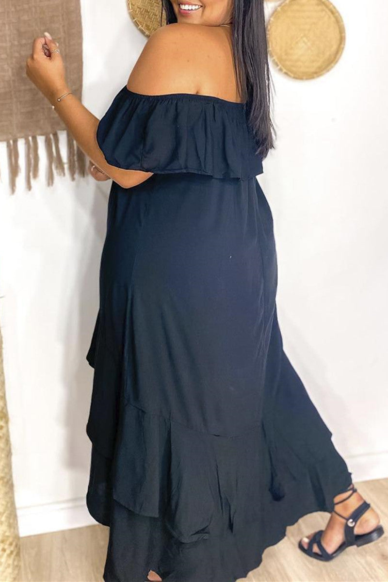 Fashion Casual Plus Size Solid Backless Off the Shoulder Short Sleeve Dress