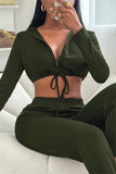 Fashion Casual Solid Bandage Zipper Collar Long Sleeve Two Pieces