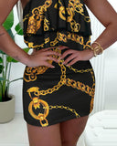 Chain Baroque Print Halter Top & Skirt Set