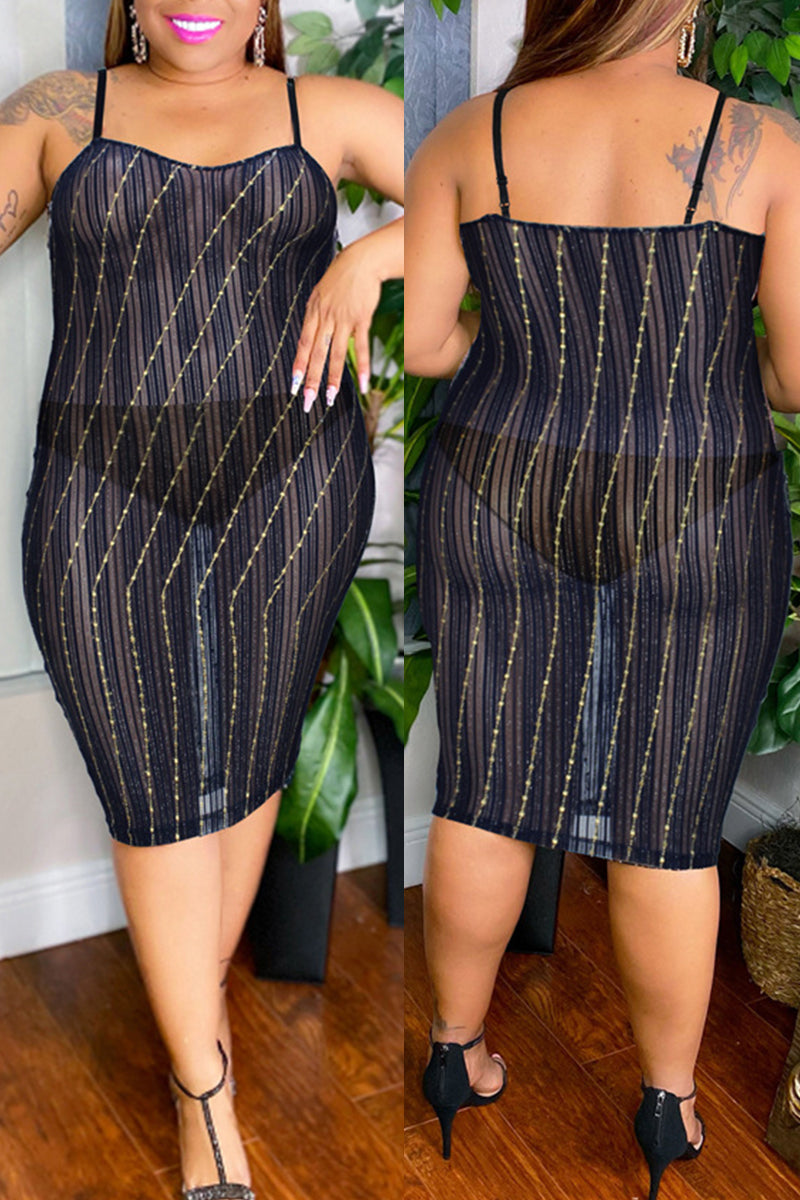 Fashion Sexy Plus Size Patchwork See-through Backless Spaghetti Strap Sleeveless Dress