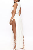Fashion Sexy Solid Hollowed Out Slit O Neck Long Dress