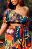 Casual Vacation Mixed Printing Hollowed Out Knotted Printing One Shoulder Printed Dress Dresses
