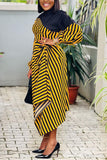 Casual Daily Striped Patchwork Fold Mandarin Collar Asymmetrical Dresses