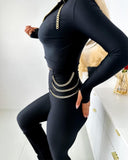 Zipper Design Top & Chain Decor Skinny Pants Set