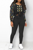 Casual Print Hollowed Out O Neck Long Sleeve Two Pieces