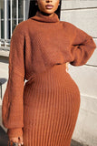 Casual British Style Solid Turtleneck Long Sleeve Two Pieces