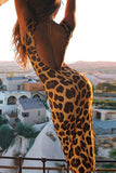 Sexy Print Leopard Split Joint Backless O Neck One Step Skirt Dresses