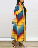 Plus Size Denim Look Print Rainbow Ombre Lace Patch Longline Coat