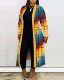 Plus Size Denim Look Print Rainbow Ombre Lace Patch Longline Coat