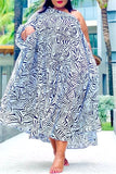 Casual Print Patchwork Backless Oblique Collar Sleeveless Plus Size Dress