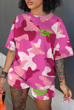 Casual Camouflage Print Letter O Neck Short Sleeve Two Pieces