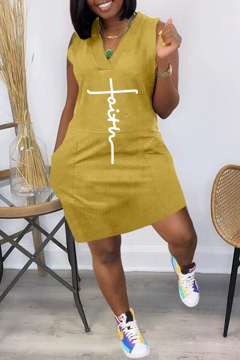 Fashion Casual Print Pocket V Neck Vest Dress