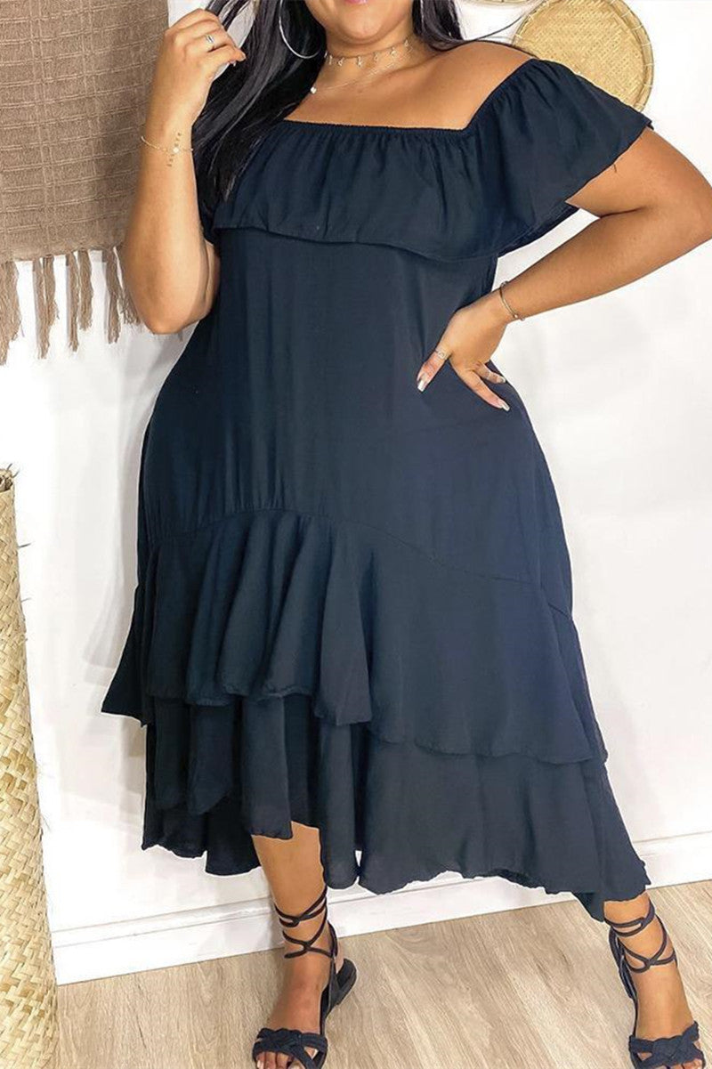 Fashion Casual Plus Size Solid Backless Off the Shoulder Short Sleeve Dress