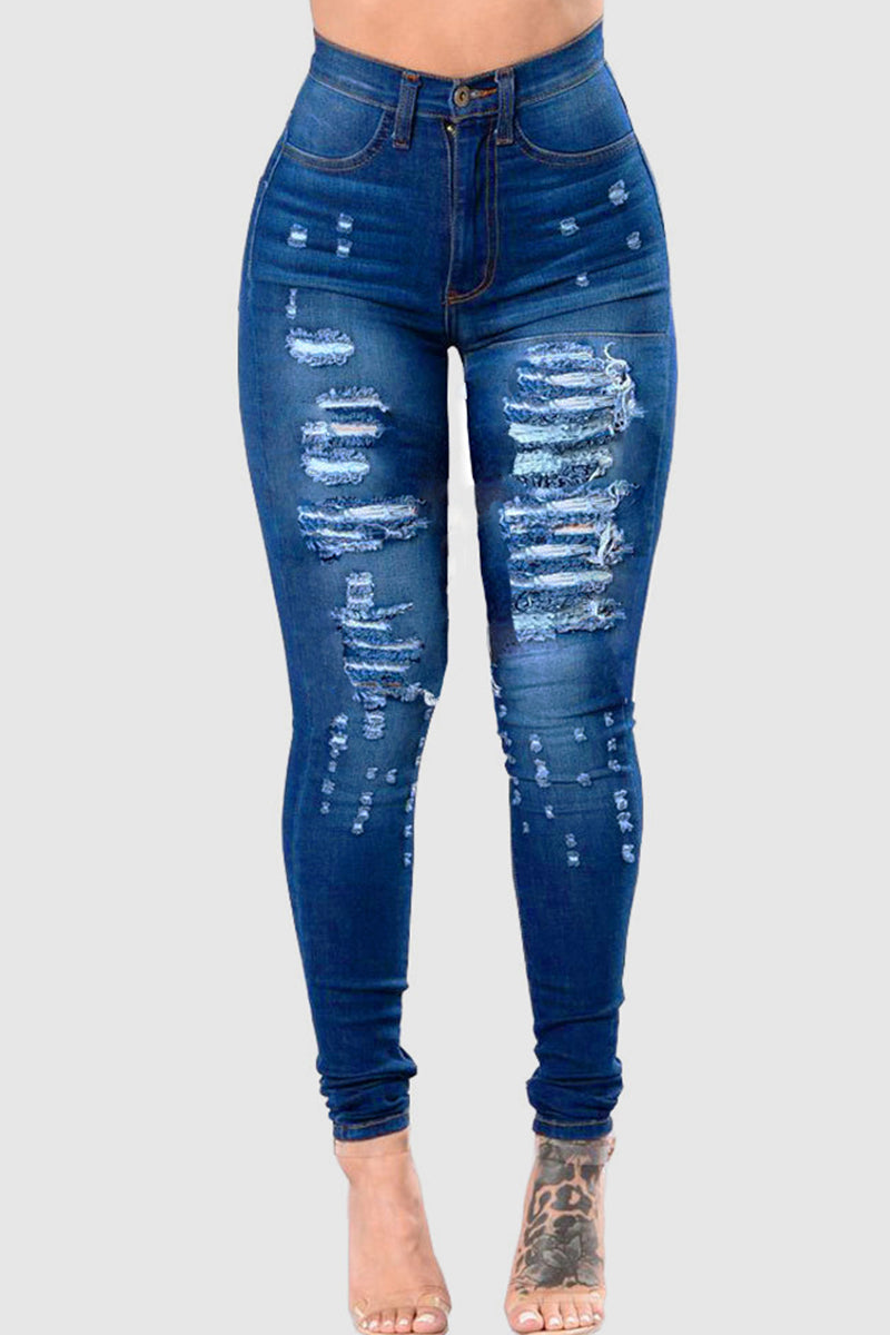 Fashion Casual Solid Ripped Embroidered Mid Waist Skinny Jeans