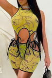 Sexy Print Hollowed Out U Neck Sleeveless Two Pieces