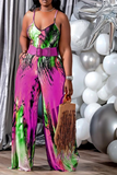 Casual Print Split Joint Spaghetti Strap Plus Size Jumpsuits(Without Belt)