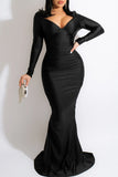 Fashion Sexy Solid Backless V Neck Long Sleeves Evening Dress