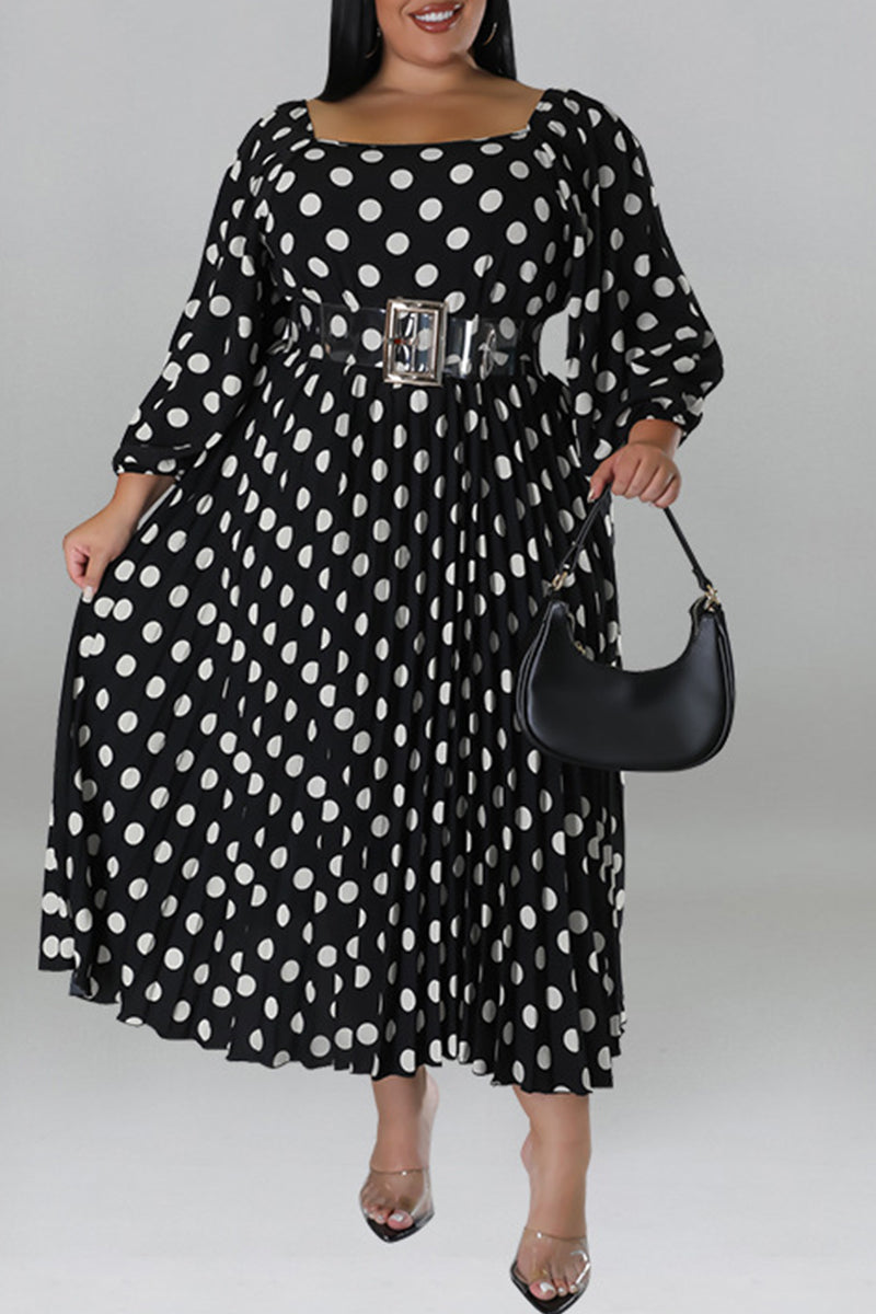 Casual Dot Print Patchwork Backless O Neck Long Sleeve Plus Size Dresses (Without Belt)