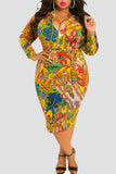 Casual Print Patchwork Zipper Collar One Step Skirt Plus Size Dresses