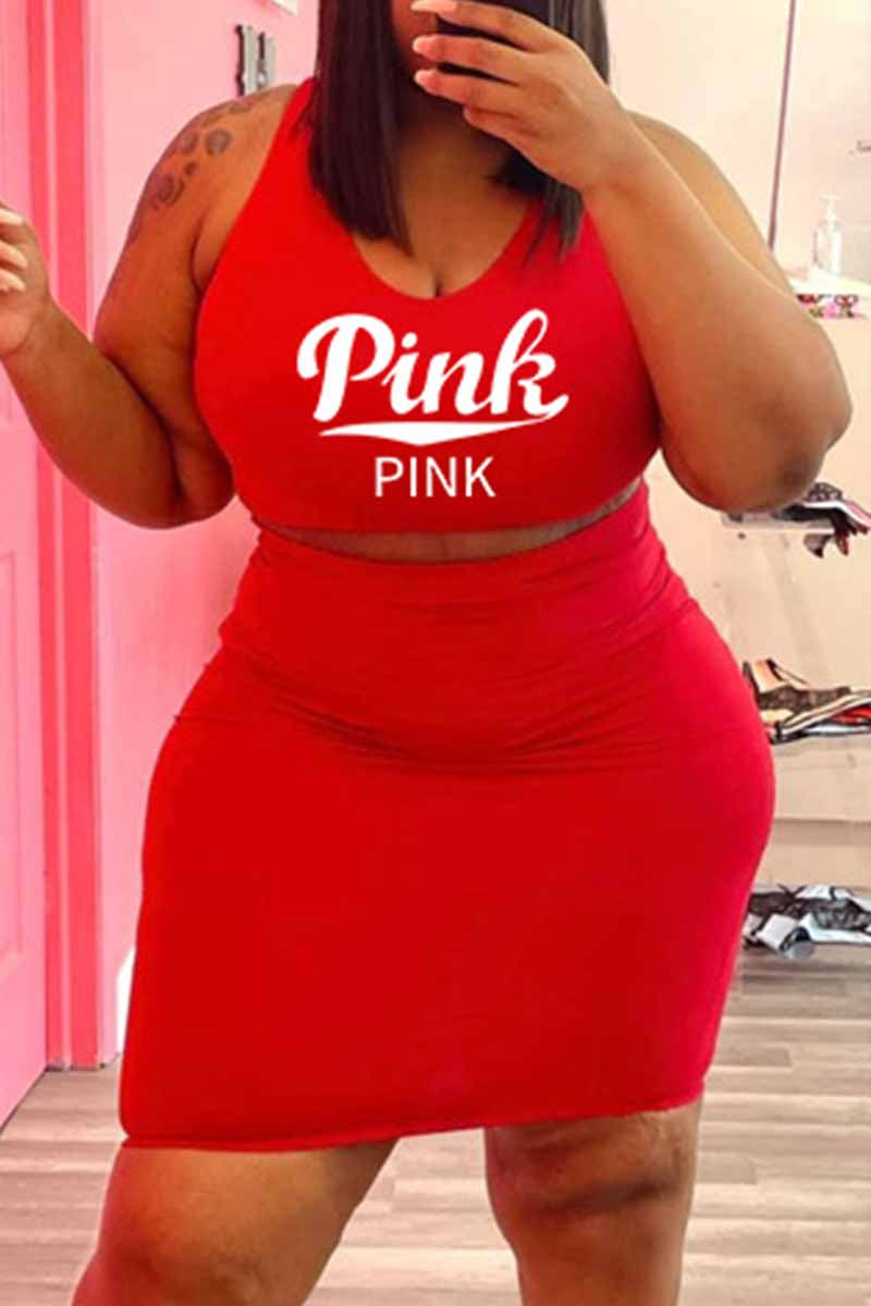 Sexy Casual Letter Print Vests O Neck Plus Size Two Pieces