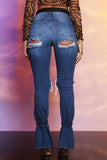 Fashion Casual Solid Ripped Slit Mid Waist Regular Denim Jeans