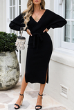 Casual Elegant Solid Backless Slit Strap Design V Neck Pencil Skirt Dresses